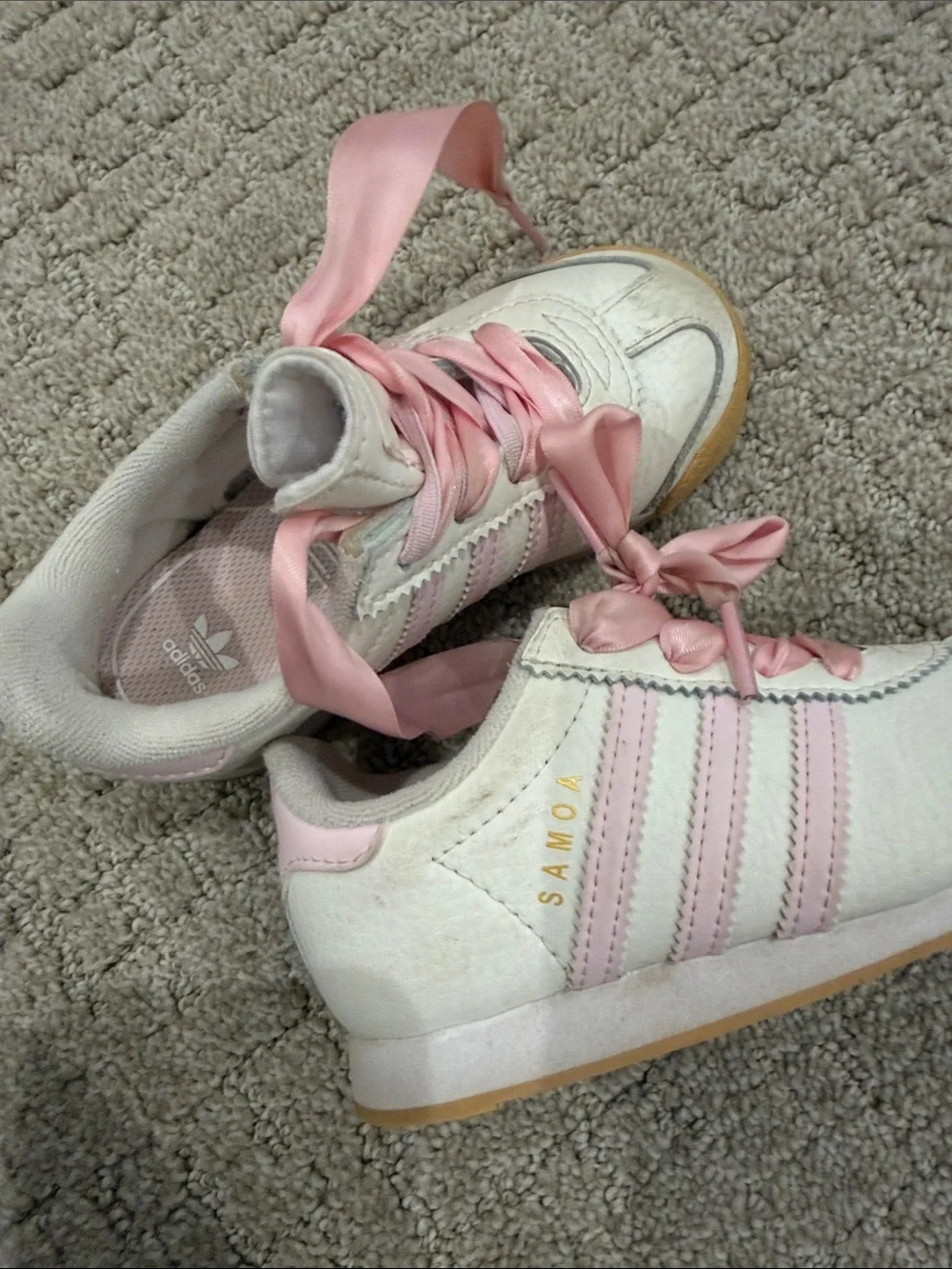 adidas Kids White Sneakers with Pink Accents and Satin Laces